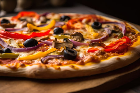 Macro shot of a vegetable pizza with mushrooms, onions, bell peppers, and olives on a wooden table, AI Generatedの素材