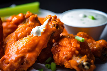 Macro shot of fried chicken wings coated in a spicy buffalo sauce and garnished with sliced celery and blue cheese dressing, AI Generatedの素材