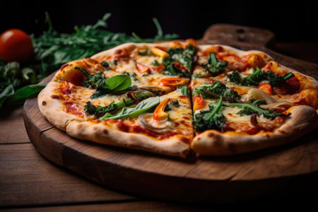 Macro shot of gourmet pizza loaded with fresh vegetables and herbs on a rustic wooden board, AI Generatedの素材