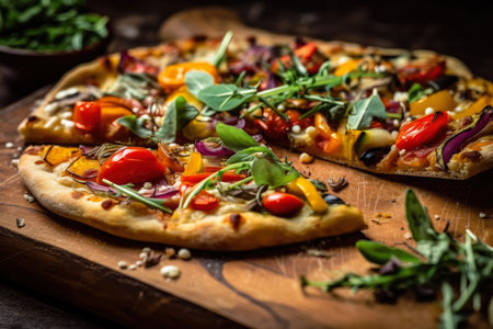 Macro shot of gourmet pizza loaded with fresh vegetables and herbs on a rustic wooden board, AI Generatedの素材