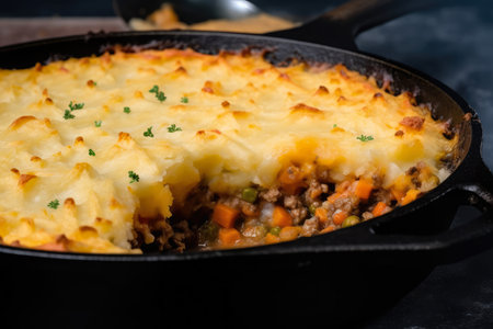 Macro shot of bubbling hot Shepherd's pie in a cast-iron skillet straight from the oven, with a crispy golden crust and oozing savory filling, AI Generatedの素材