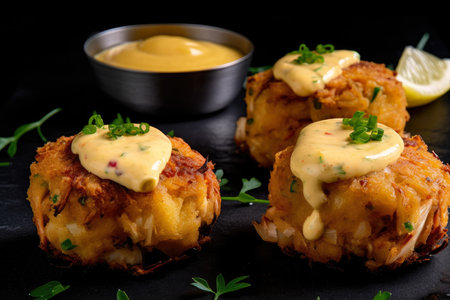 Macro shot of mini crab cakes served on a black slate with a side of mustard dipping sauce and lemon wedges, AI Generatedの素材
