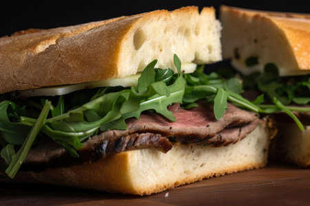Macro shot of an indulgent roast beef and truffle oil sandwich with mozzarella cheese, arugula, and balsamic glaze, AI Generatedの素材