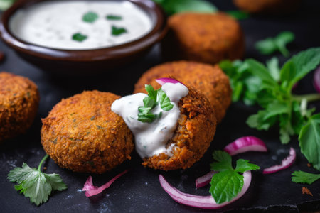 Macro shot of crispy falafel bites served with a tangy tzatziki sauce and topped with sliced red onions and fresh mint leaves, AI generatedの素材