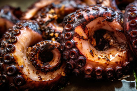 Macro shot of grilled octopus tentacle, with intricate details of its suction cups and texture, AI Generatedの素材
