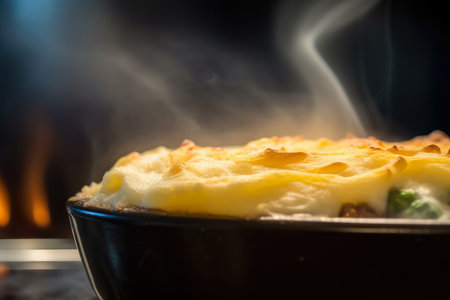 Macro shot of steam rising from a freshly baked Shepard's pie, highlighting its mouthwatering aroma, AI Generatedの素材