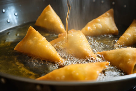 Macro shot of samosas frying in hot oil, with bubbles forming around them, AI Generatedの素材
