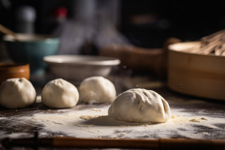 macro shot of dumpling dough being expertly rolled out on a floured surface, with a bowl of steaming filling and various utensils in the background, AI Generatedの素材