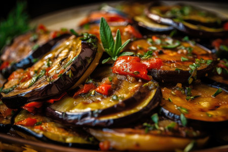 macro shot of grilled eggplant slices topped with a spoonful of ratatouille and garnished with fresh herbs and spices, AI Generatedの素材