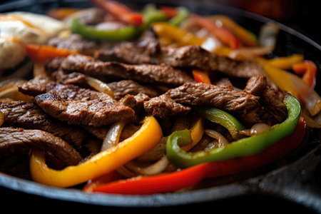 Macro shot of sizzling fajitas with tender strips of marinated beef, onions, and peppers on a hot skillet, AI Generatedの素材