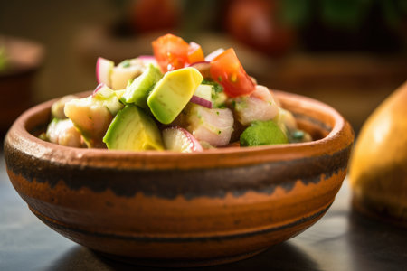 macro shot of ceviche in a traditional Mexican pottery bowl with avocado and tomato wedges on top, AI Generatedの素材