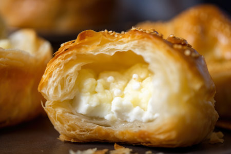 macro shot of bourekas filled with creamy mashed potatoes and tangy goat cheese, with a flaky, buttery crust that flakes off with every bite, AI Generatedの素材