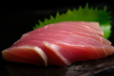 macro shot of a tuna sashimi slice with wasabi and soy sauce on the side, AI Generatedの素材