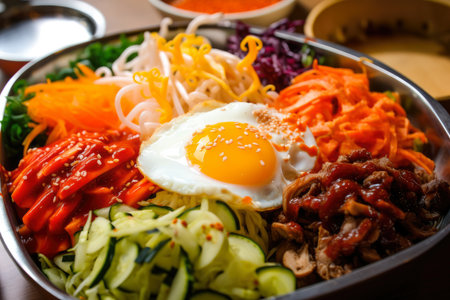 macro shot of Bibimbap's flavorful and spicy gochujang sauce drizzled over a mix of vibrant and fresh ingredients, creating a perfect balance of flavors, AI Generatedの素材