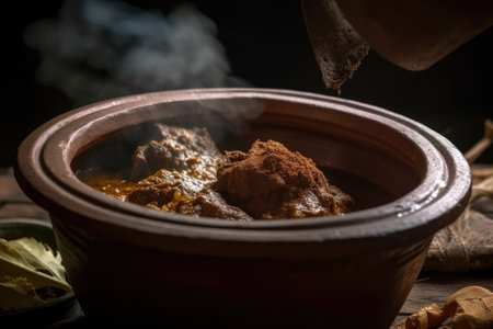 Macro shot of Rendang simmering in a traditional clay pot, with steam rising from the rich and flavorful curry dish, AI Generatedの素材