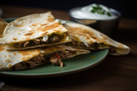 Macro shot of a spicy beef quesadilla with tangy sour cream and salsa verde, AI Generatedの素材