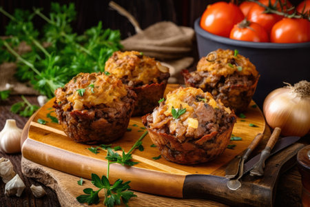 Meatloaf muffins made with a blend of ground beef and sausage, served with a side of sauteed mushrooms and onions, AI Generatedの素材