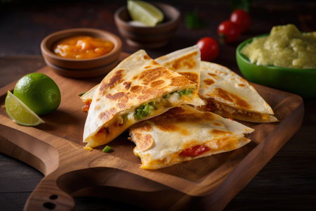 Melted cheese oozing out of a crispy and golden quesadilla, served on a rustic wooden board with fresh salsa and guacamole, AI Generatedの素材