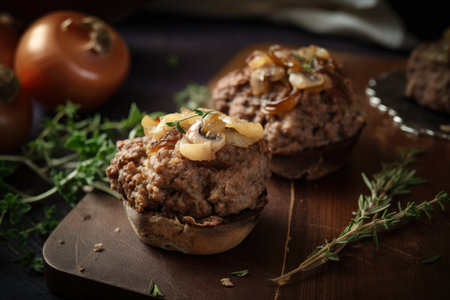 Meatloaf muffins made with a blend of ground beef and sausage, served with a side of sauteed mushrooms and onions, AI Generatedの素材