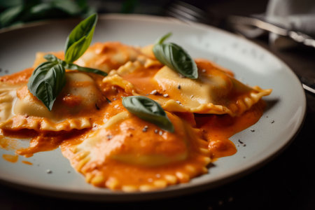 Macro shot of vegan ravioli made with cashew cheese and topped with a creamy tomato sauce, AI Generatedの素材