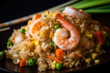 Mouth-watering close-up of shrimp fried rice with juicy and plump shrimp, colorful diced vegetables, and perfectly cooked grains, AI Generatedの素材