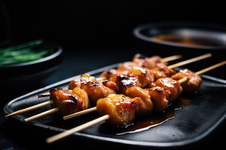 macro shot of yakitori skewers with delicate char marks and an irresistible golden glaze, garnished with fresh scallions and served on a black ceramic plate, AI generatedの素材