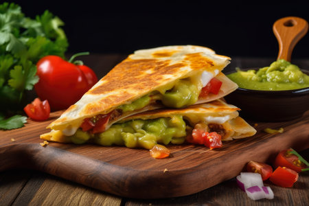 Melted cheese oozing out of a crispy and golden quesadilla, served on a rustic wooden board with fresh salsa and guacamole, AI Generatedの素材