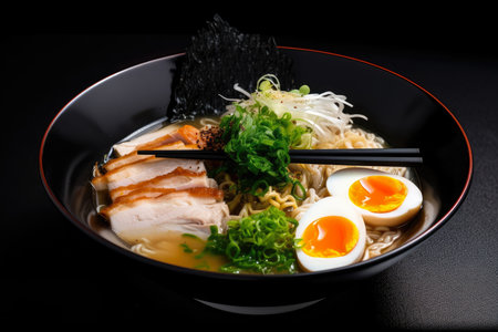 Mouth-watering view of a classic chicken ramen bowl featuring tender chicken slices, narutomaki fish cake, and a soy-based broth, AI Generatedの素材