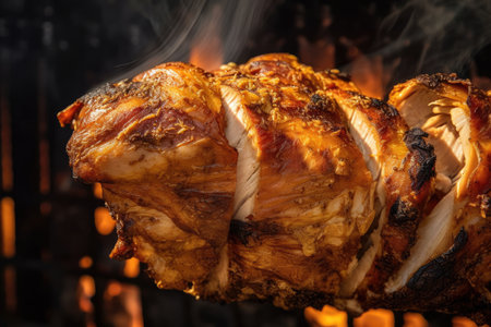 mouthwatering close-up of chicken shawarma meat roasting on a vertical spit, with charred edges and a golden-brown crust, AI Generatedの素材