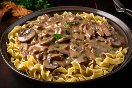 Rich and creamy beef stroganoff with tender strips of meat, mushrooms, and onions, served over a bed of egg noodles, AI Generatedの素材