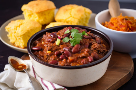 Rich and Bold Chili Con Carne Served with Cornbread Muffins and Jalapeno Slices, AI Generatedの素材