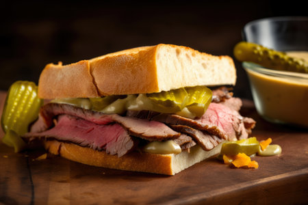 Savory and delicious roast beef sandwich with pickles and tangy mustard on soft rye bread, AI Generatedの素材