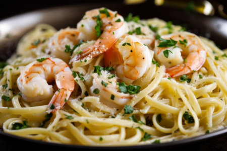 Mouth-watering close-up of succulent shrimp scampi dish with buttery garlic sauce and fresh herbs served on a bed of linguine pasta, AI Generatedの素材