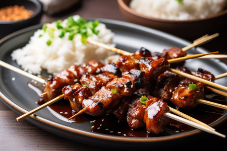 Mouth-watering image of perfectly grilled yakitori skewers served on a bed of fluffy rice and garnished with fresh scallions and sesame seeds, AI Generatedの素材