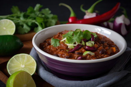 Spicy Chili Con Carne with a Twist of Lime and Chopped Red Onions, AI Generatedの素材
