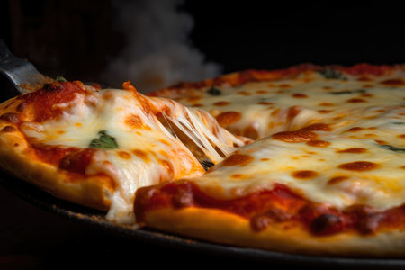 Sizzling hot pizza fresh from the oven, with melted cheese stretching from slice to plate, AI Generatedの素材
