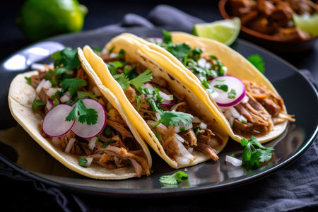 Spicy and flavorful pork carnitas tacos with chopped onions and fresh cilantro, served on a colorful plate, AI Generatedの素材