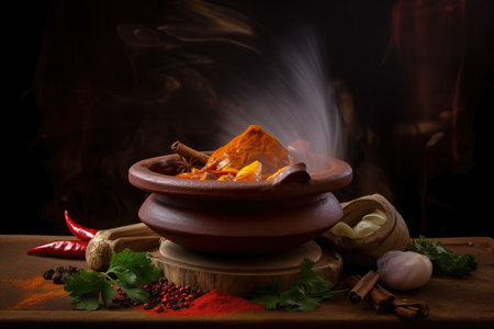 Spicy chicken curry with fragrant spices and herbs, served in a traditional clay bowl with steam rising from the dish, AI Generatedの素材
