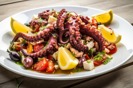 Sumptuously grilled octopus tentacles tossed with creamy feta cheese, diced tomatoes, and briny olives in a light lemon vinaigrette, AI Generatedの素材