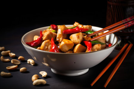 Spicy Kung Pao Chicken with Peanuts and Chili Peppers served in a Ceramic Bowl with Chopsticks, AI Generatedの素材