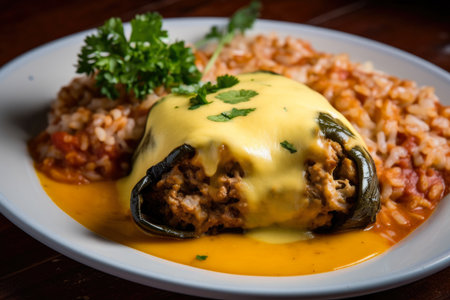 Spicy close-up of Chiles Rellenos with melted cheese and savory ground beef filling, garnished with fresh cilantro and served with a side of rice and beans, AI Generatedの素材
