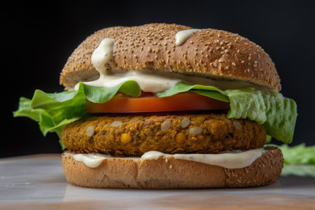 Vegan burger patty made with quinoa, lentils, and chickpeas with lettuce, tomato, and vegan mayo on a whole wheat bun, AI Generatedの素材