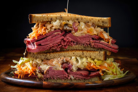 Stacked club sandwich with layers of pastrami, corned beef, Swiss cheese, coleslaw, and Russian dressing on rye bread, AI Generatedの素材
