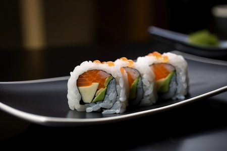 Stunning macro shot of a delicious sushi roll with a mouth-watering filling and perfectly cooked rice, served on a beautiful Japanese ceramic plate, AI Generatedの素材