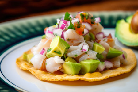 tantalizing close-up of a Peruvian-style ceviche garnished with sliced avocado, served on a crispy tostada, AI Generatedの素材
