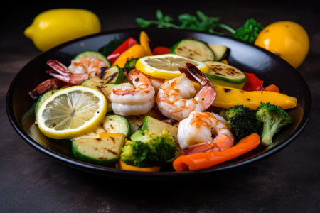 Sumptuous Shrimp Scampi served with Grilled Vegetables and Lemon Wedges, AI Generatedの素材