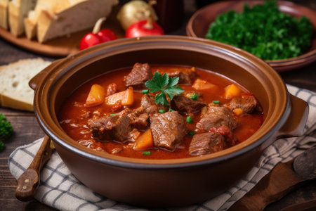 Steamy bowl of Hungarian goulash with tender beef and paprika garnished with a sprig of fresh parsley, AI Generatedの素材