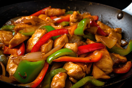Sizzling Szechuan chicken stir fry with red and green bell peppers, onions, and garlic served on a black cast iron skillet, AI Generatedの素材