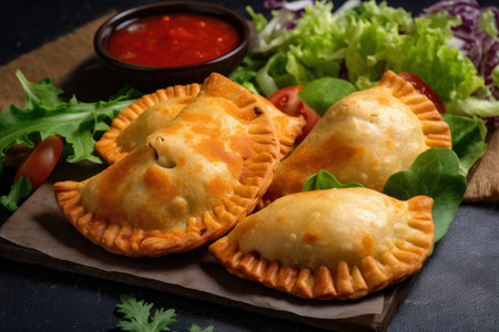 Top view of empanadas with a flaky and golden crust, served on a bed of lettuce and drizzled with spicy salsa, AI Generatedの素材
