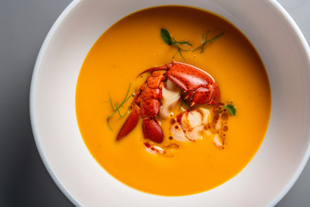 Top view of a white porcelain bowl filled with rich and creamy lobster bisque soup, garnished with a lobster claw, AI Generatedの素材